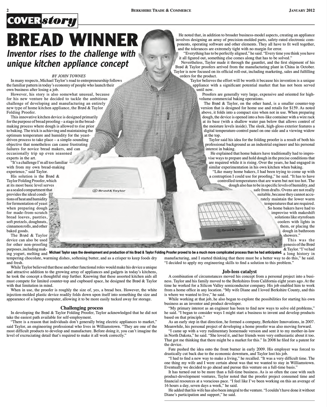 Local US newspaper article on Michael Taylors new invention, the Folding Bread Proofer Cabinet - January 2012